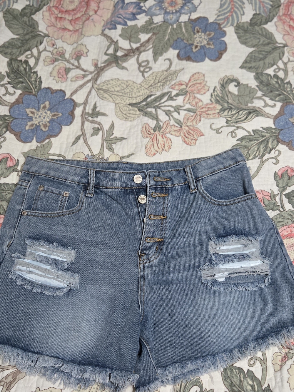 SHEIN Blue Distressed Boyfriend Denim Shorts with Button-Fly